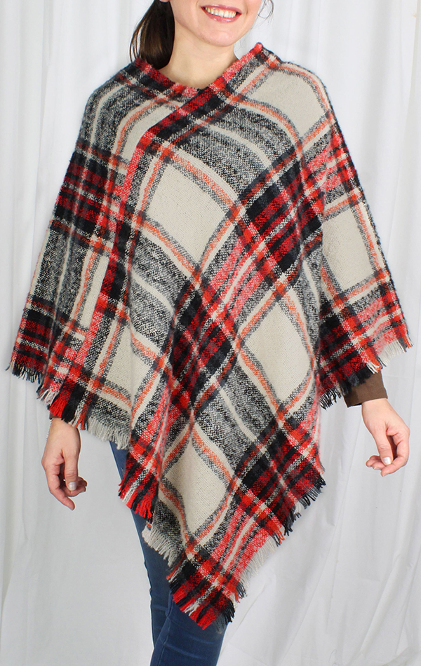PLAID WOVEN PONCHO - 100% POLYESTER