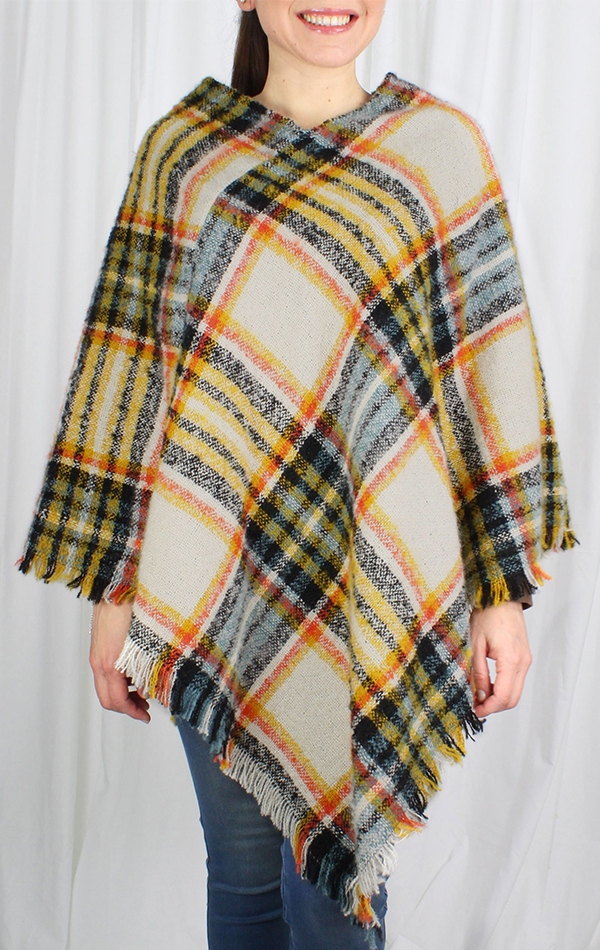 PLAID WOVEN PONCHO - 100% POLYESTER