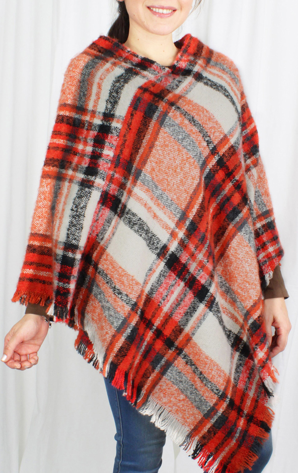 PLAID WOVEN PONCHO - 100% POLYESTER