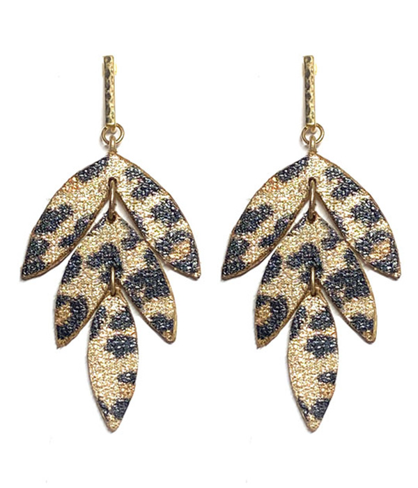 ANIMAL PRINT LEATHERETTE LEAF DROP EARRING