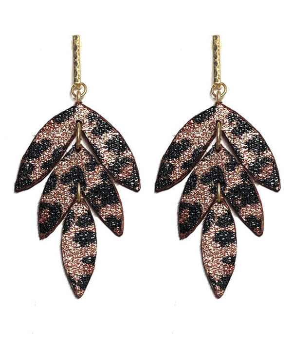 ANIMAL PRINT LEATHERETTE LEAF DROP EARRING