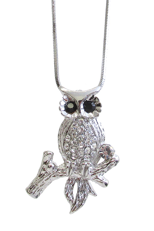 WHITEGOLD PLATING CRYSTAL OWL PENDANT NECKLACE