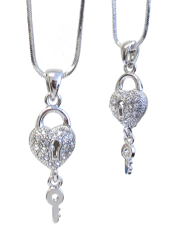 Made in korea whitegold plating crystal puffy heart lock and key pendant necklace
