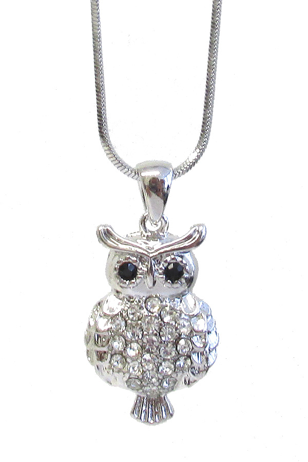 WHITEGOLD PLATING CRYSTAL OWL PENDANT NECKLACE