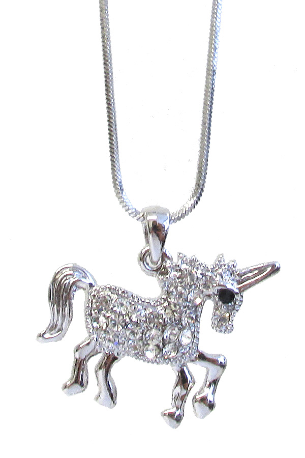 MADE IN KOREA WHITEGOLD PLATING CRYSTAL UNICORN PENDANT NECKLACE