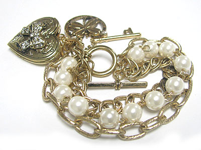 Crystal deco heart charm and pearl ball and multi metal chain link bracelet