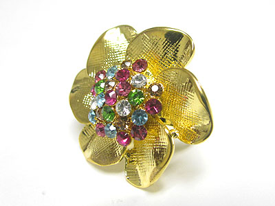 Crystal centered large metal flower adjustable size ring