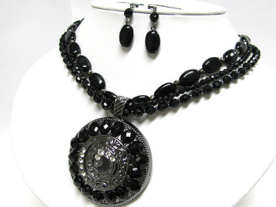 Mettallic stone round pendant multi strand necklace earring set