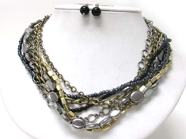 Multi metal chain and beads line link necklace earring set