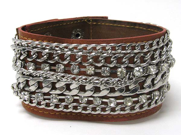 Multi rhinestone and chain deco on synthetic leather wrist band