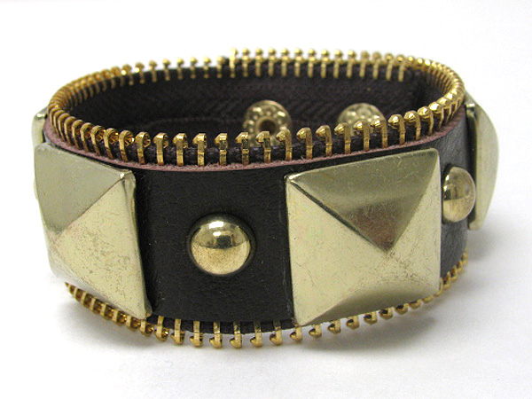 METAL SPIKE AND ZIPPER EDGE DECO ON SYNTHETIC LEATHER WRIST BAND