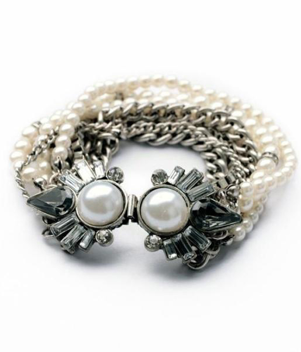 Boutique style multi row crystal pearl metal chain bracelet