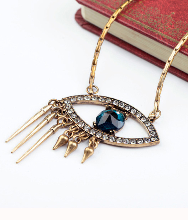 Boutique style crystal eye pendant metal chain necklace