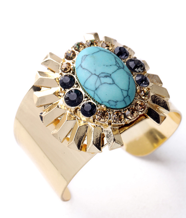 Boutique style crystal and turquoise metal cuff bangle