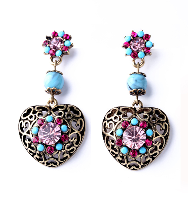 Boutique style crystal deco cut out meta heart earring