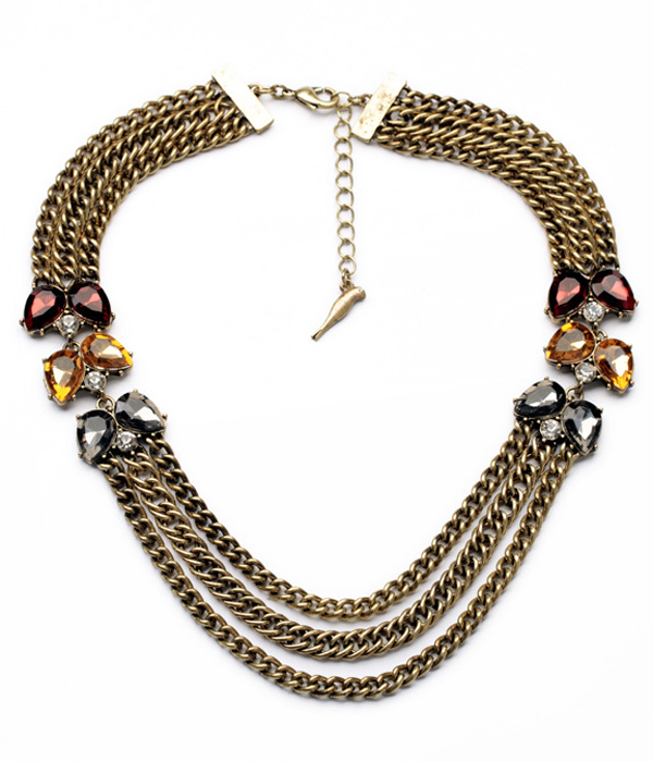 Boutique style 3 layer crystal stone solid metal link choker necklace