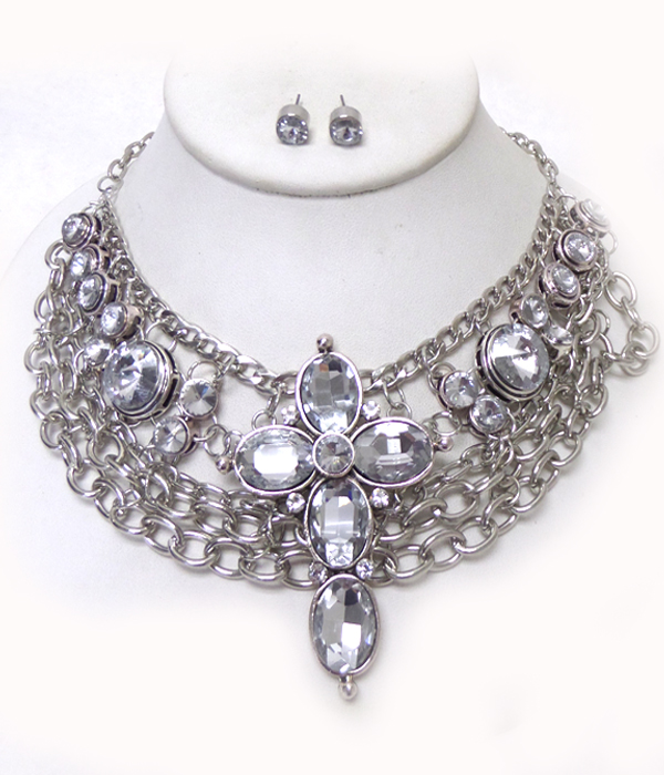 Crystal cross 3 row metal chain statement necklace set