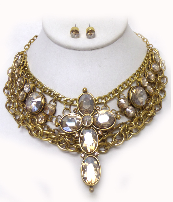 Crystal cross 3 row metal chain statement necklace set