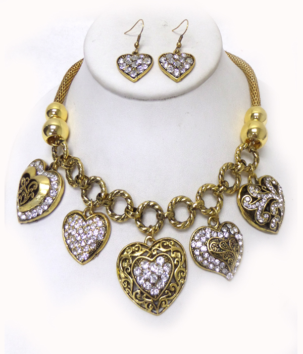 Crystal stud metal casting heart link necklace set