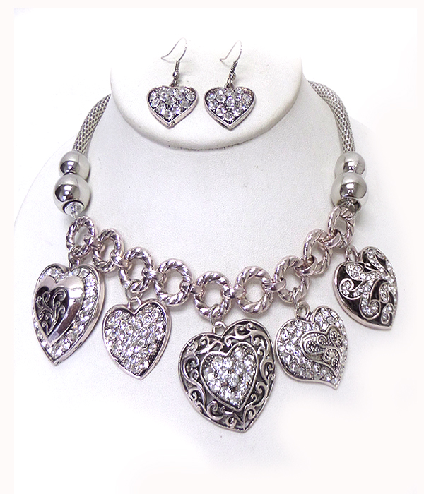Crystal stud metal casting heart link necklace set