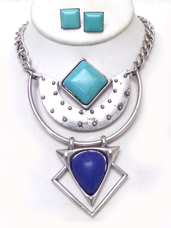 Natural stone metal structure statement necklace set
