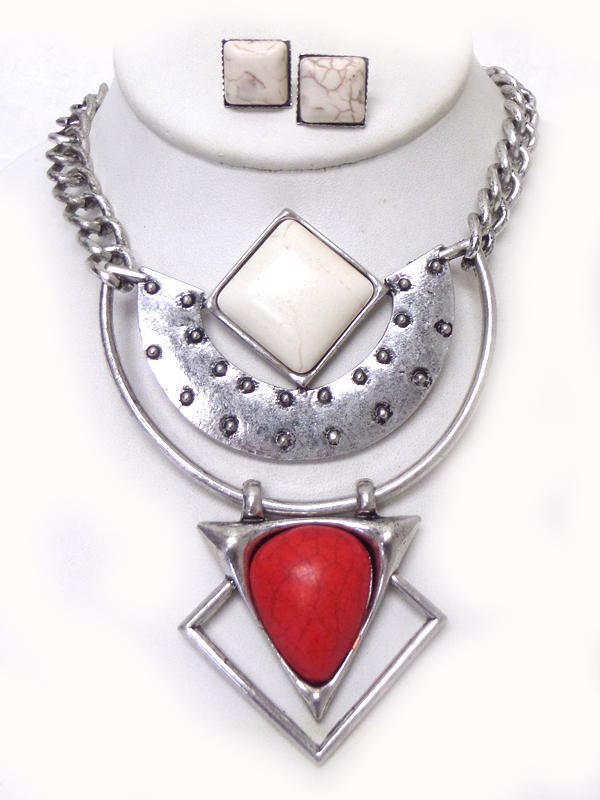 Natural stone metal structure statement necklace set