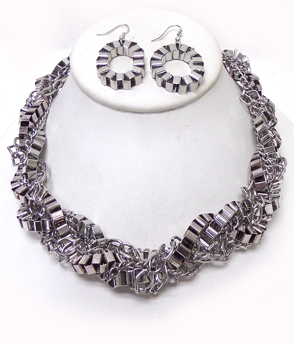 Braided multi row metal box chain necklace set