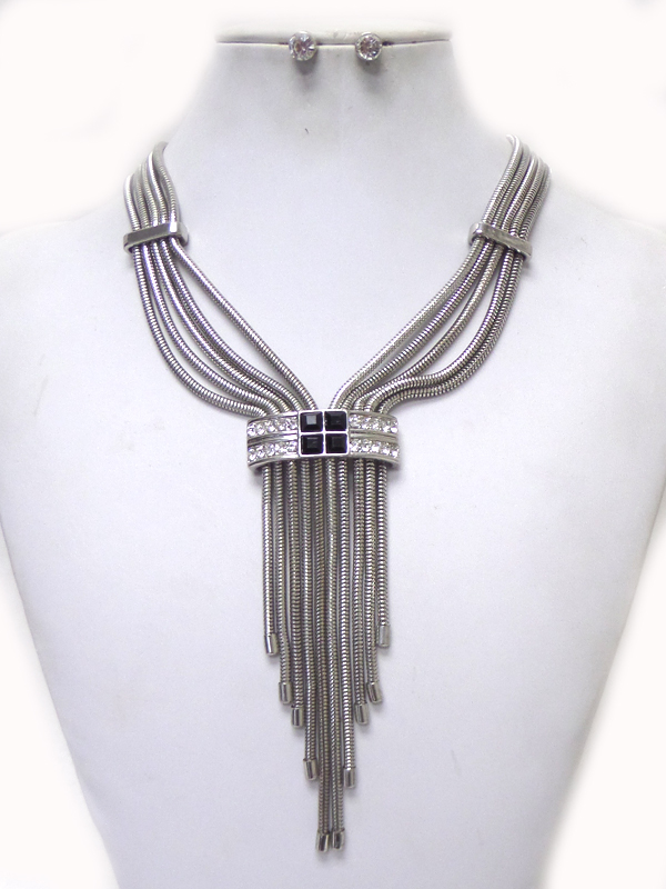 Crystal accect multi row metal tube chain y drop necklace set