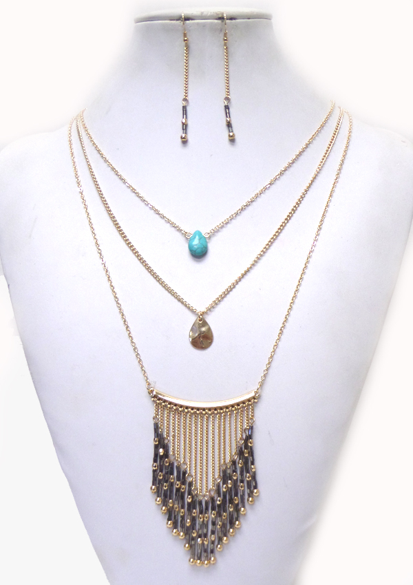 3 layer bib tassel drop necklace set