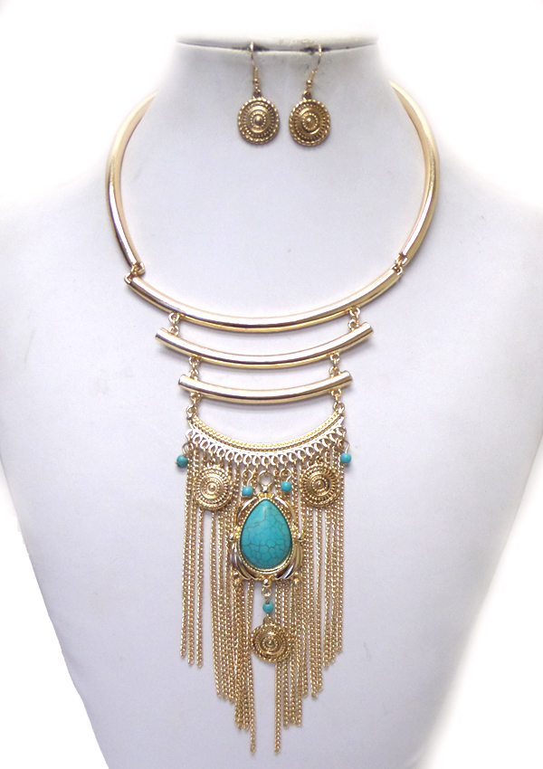 Metal bar links tassel drop necklace set 