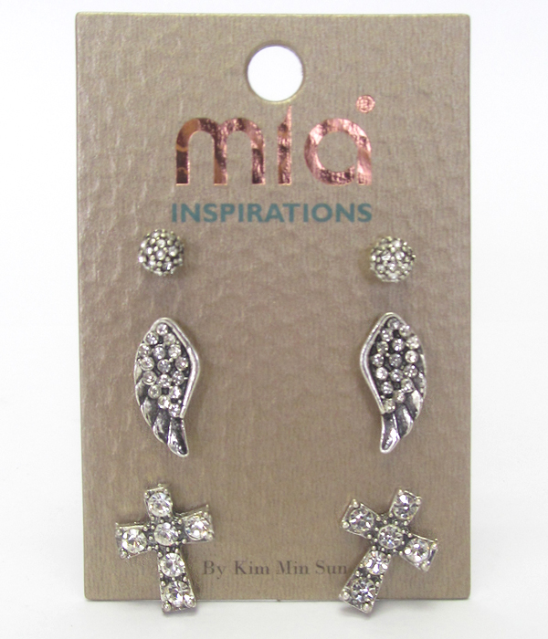 Wing and cross mix 3 pair earring set