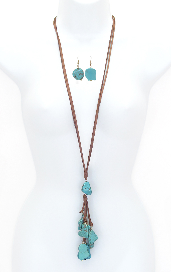 Multi stone drop long suede chain necklace set