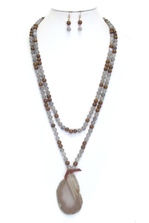 Genuine stone pendant and multi glass and wood ball long chain necklace set