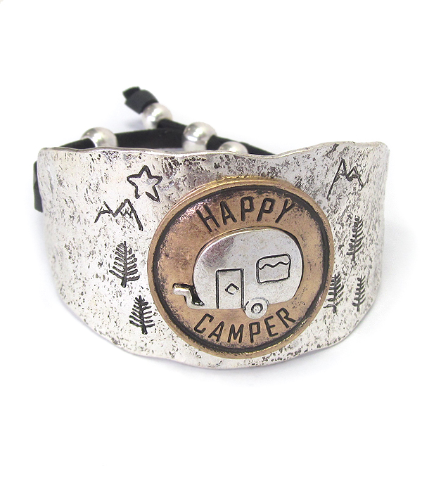 Textured chunky metal and suede pull tie bracelet - happy camper