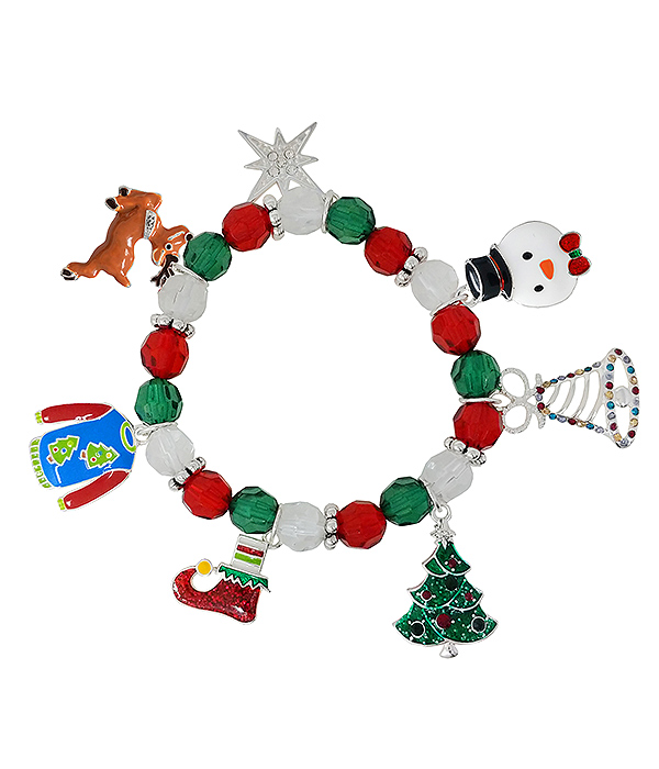 Christmas theme charm stretch bracelet - tree snowman