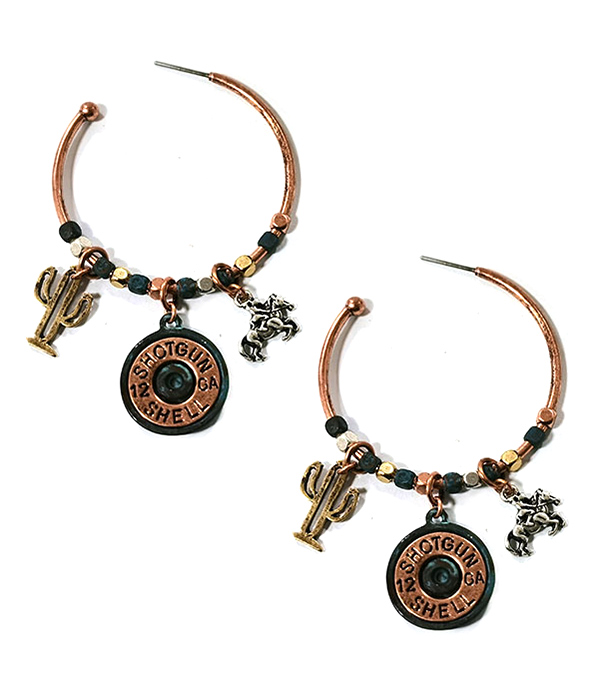 WESTERN THEME CHARM DANGLE HOOP EARRING - BULLET CACTUS