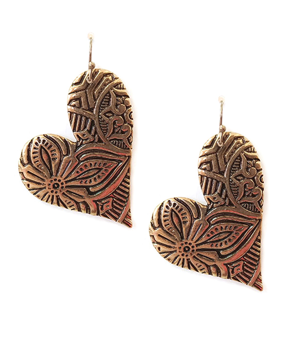 FLOWER TEXTURED METAL HEART EARRING