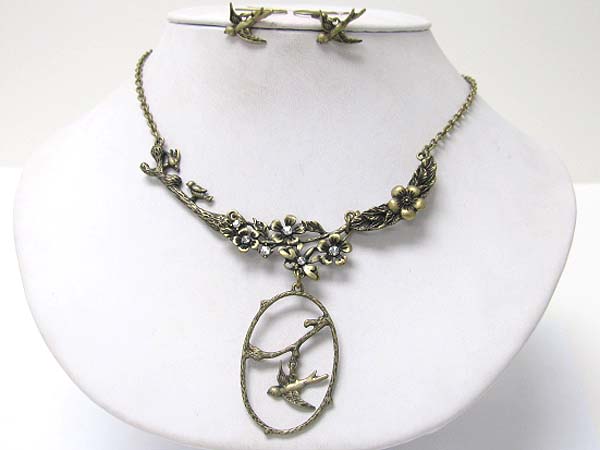 Burnish metal flower and bird pendant necklace earring set
