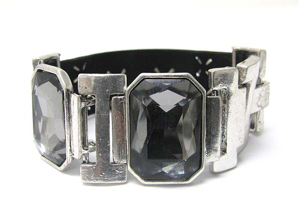 Facet large stone with metal and leather link bracelet 