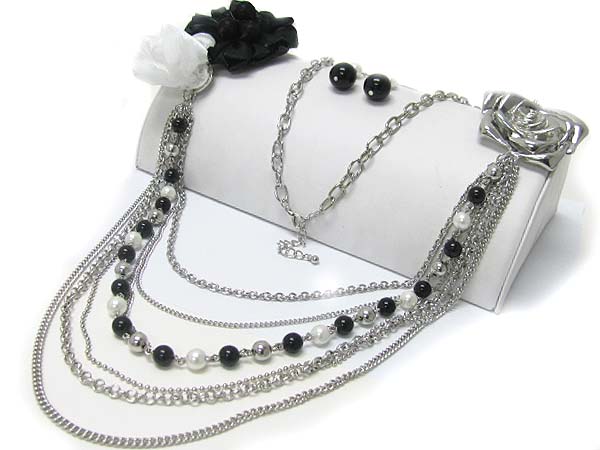 Fabric flower side pearl and multi metal chain necklace earring set