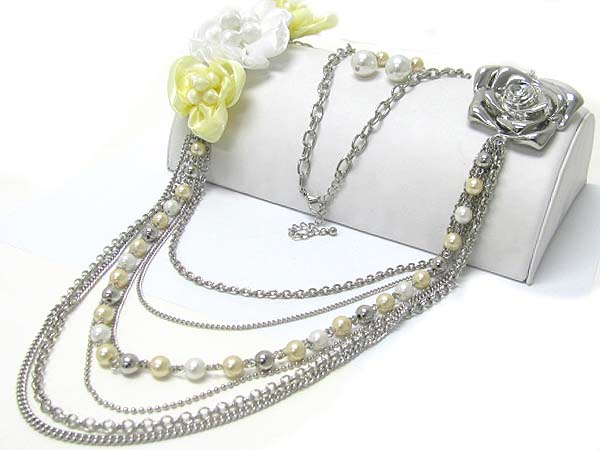 Fabric flower side pearl and multi metal chain necklace earring set