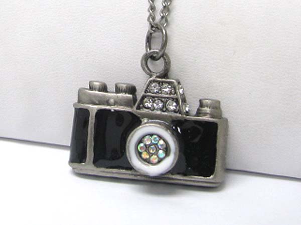 Burnish metal crystal stud camera pendant long chain necklace