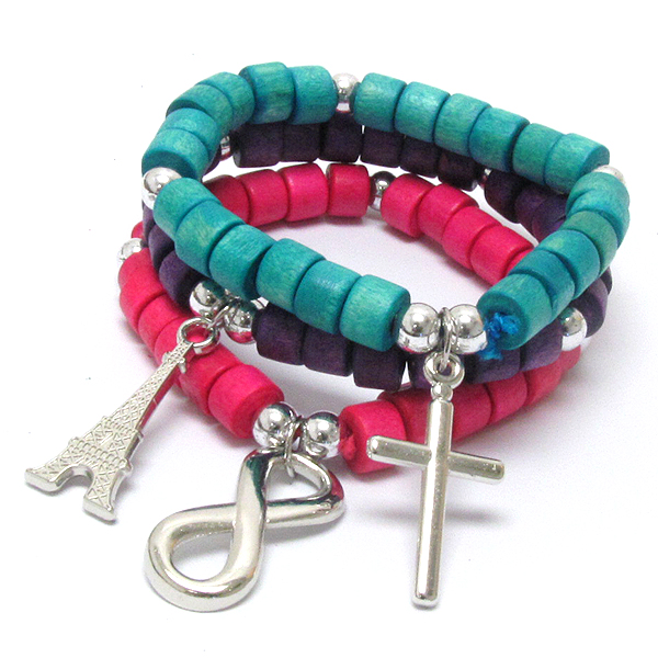 Cross eiffel tower and infinite charm and wooden chip stretch bracelet