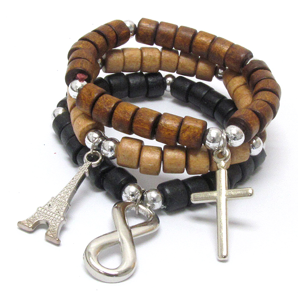 Cross eiffel tower and infinite charm and wooden chip stretch bracelet