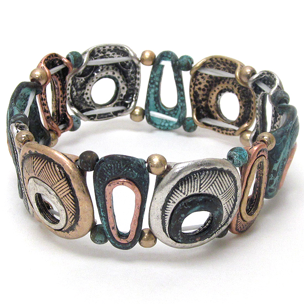 Textured multi metal disk stretch bracelet - patina