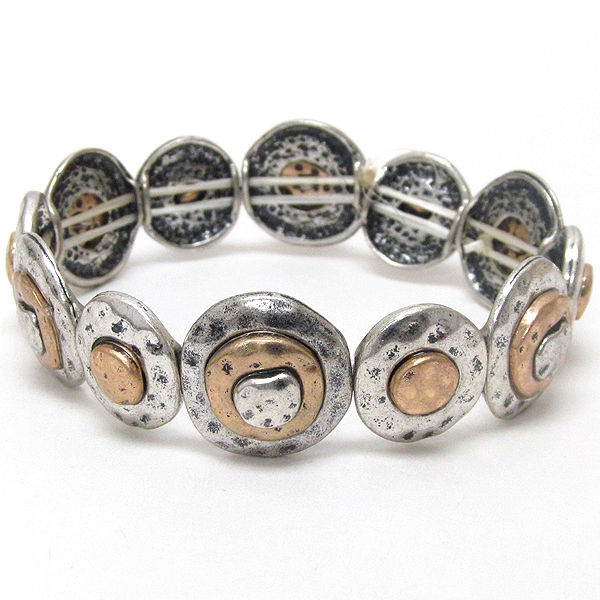 Multi hammere metal disk link stretch bracelet