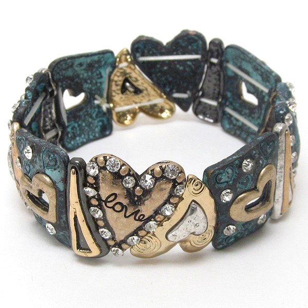 Crystal deco love inspiration message on heart link patina stretch bracelet