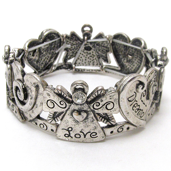 Crystal and inspiration message on angel and heart stretch bracelet