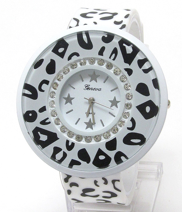 Swarovski crystal and animal print rubber band watch