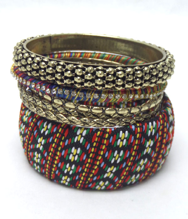 Vaintage look fabric wrap and crystal accent multi metal bangle bracelet set of 6